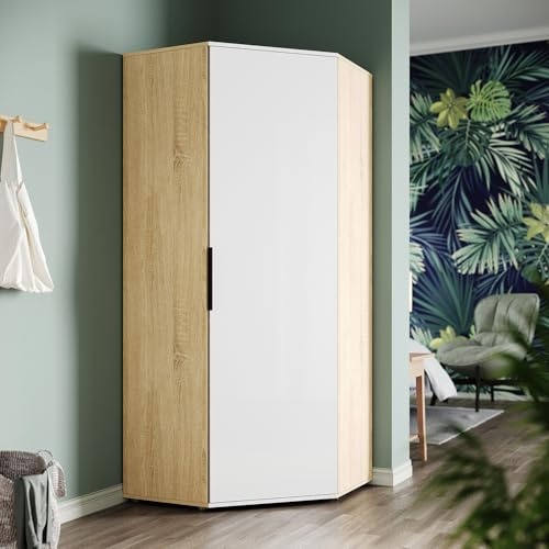 ZANOFIRA Corner Wardrobe with Hanging Rail and 5 Shelves, Modern Space Saving Design, High Gloss & Matt Wardrobe with Large Capacity for Bedroom, White Oak