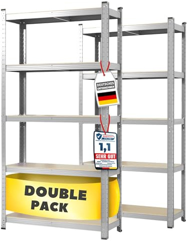 etm Schwerlastregal 2-er Pack 150 x 75 x 30 cm verzinkt | Steckregal, Lagerregal, Standregal, Stecksystem ohne Werkzeug montierbar (Lakota, verzinkt)