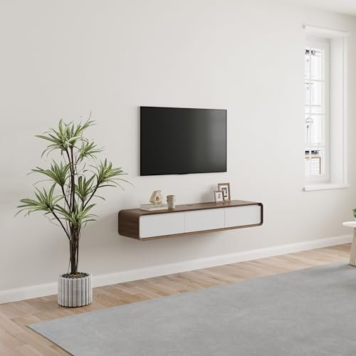 POVISON Moderner TV Schrank 160cm hängend, TV Lowboard weiß minimalistisch Fernsehtisch modernes wandmontiertes TV-Möbel mit 3 Schubladen,Dunkles Holz und Weiß
