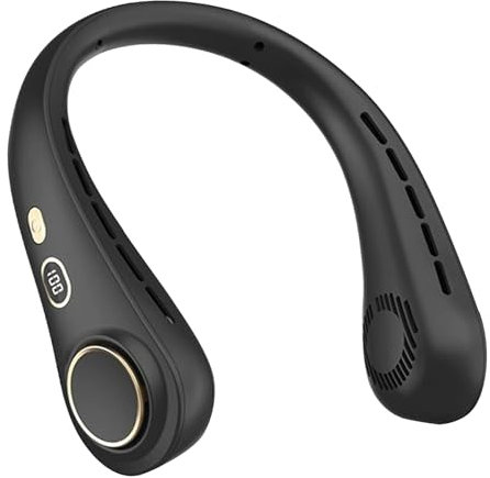Ventilateur de Cou Portable Sans Pale - Mini USB avec Affichage de Puissance, 5 Vitesses, Mains Libres, Idéal pour Bureau, Maison, Voyage (Noir)
