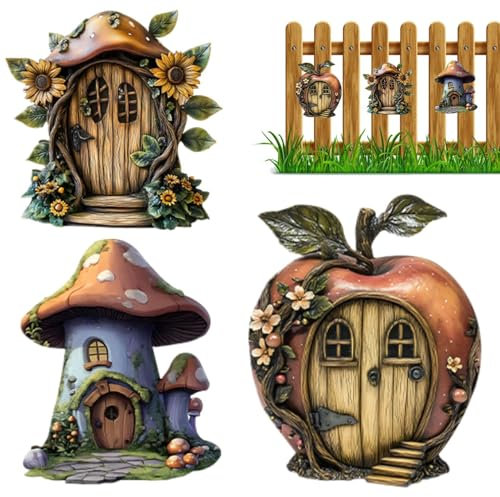 Porte Féerique - Porte Féerique 2D pour Maison de Poupée en Bois | Décor Féerique Rustique Miniature pour Maison Jardin, Étagère Enfant, Déco Murale et Arbre avec 3 Accessoires