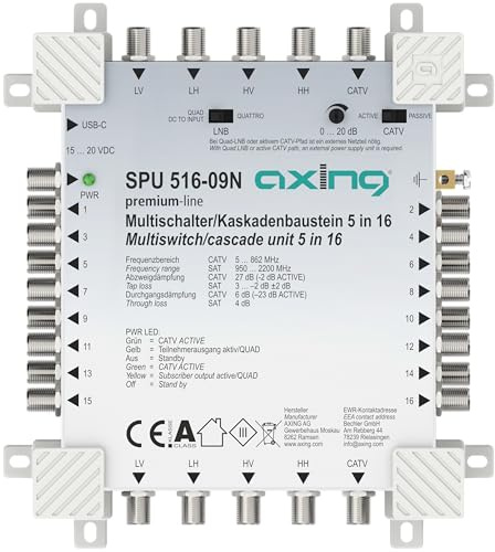 Axing SPU 516-09N Multiinterruttore 16 partecipanti cascatabile SAT attivo Quad LNB cavo TV a risparmio energetico