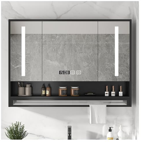 HanDpi Armoire de Toilette, Armoire de Toilette avec Miroir, Armoire à Pharmacie à LED, Meuble de Rangement à 3 Portes, Armoire de Toilette avec Miroir Mural Coulissant (C, L 120 x H 70 cm/L 47,2 x