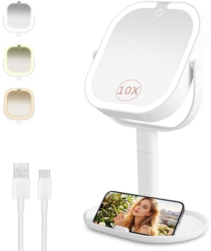Zofory Miroir Grossissant 10x avec 3 Lumières Colorées, Miroir Cosmétique avec éclairage, avec Base et Hauteur Réglable Miroir LED Maquillage