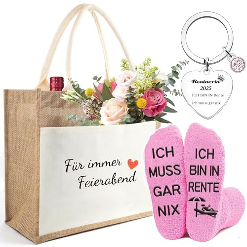 Geschenk Ruhestand Frau, Renteneintritt Geschenk Frau, Ruhestand Geschenke, 3er Set Ruhestandsgeschenk für Frauen mit Jutetasche, Socken und Schlüsselanhänger als Abschiedsgeschenk für Kollegin