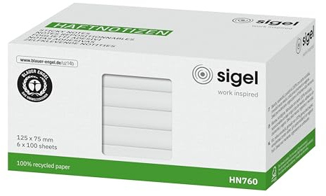 SIGEL Haftnotizen Recycling-Papier 6 Blöcke x 100 Blatt Weiß 12,5 x 7,5 | HN760, 600 Klebezettel gesamt, Blauer Engel zertifiziert