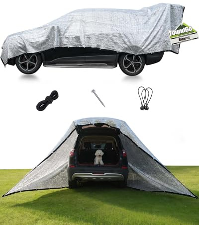 FoundGo Alu Schattennetz Auto Hund 4x6m, 85% UV-Schutz, Aluminium-HDPE Hitzeschutz mit Ösen, Luftdurchlässig & Reflektierend für Camping Sonnenschutz, Wohnmobil & Garten mit Zubehör