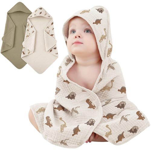 Susurration Baby Handtuch Kapuze für Badezimmer,4-Lagiges Kapuzenhandtuch Baby 2er-Pack, Musselin Baumwolle Baby Handtuch Kapuze, Weiche und Saugfähige Babyhandtuch mit Kapuze (Dinosaurier)