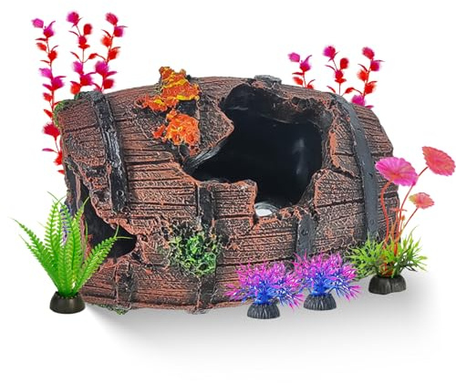 MDPUTY 5 PCS Fish Tank Decorations, Broken Barrel Cave Decor Artificial Resin Broken Barrel with 4 Aquarium Plants Aquarium Decoration Fish Tank Ornaments for Fishes Cave and Hideout Decoration