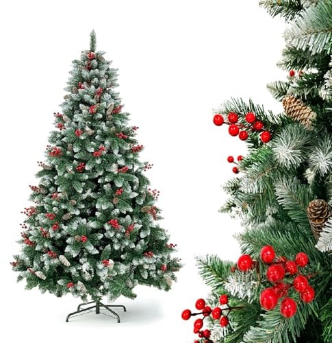 YOUDENOVA Árbol de Navidad artificial con nieve, 180 cm, con piñas Ilex, árbol de Navidad, árbol de Navidad, árbol de Navidad artificial
