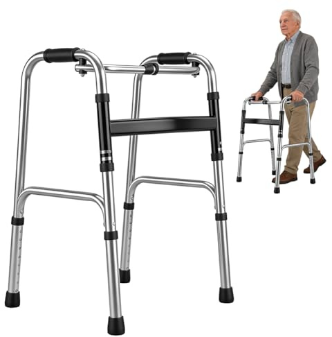Gehhilfe für Senioren, Faltbarer Rollator Ohne Rollen, Höhenverstellbar, Schmal, Stabil, Klappbar, Gehbock mit 4 Gummifüße