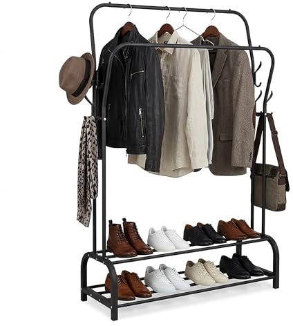 Relaxdays Kleiderständer, HxBxT: 146 x 110 x 33 cm, 2 Ablagen & 2 Kleiderstangen, 8 Haken, Doppelgarderobe, Farbwahl | 2 Ablagen & 2 Kleiderstangen, 8 Haken, Doppelgarderobe