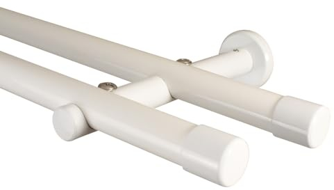 iso-design Gardinenstange weiss 2-läufig 20 mm, Komplettset aus Metall, Vorhangstange zur Wandmontage, Gardinenstangenrohr aus Aluminium, Endstück Kappe 160 cm