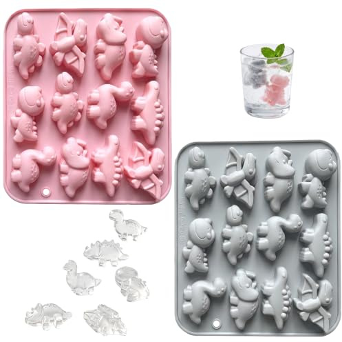 2 Pack Dinosaur Ice Cube Trays, Large Silicone Ice Moulds | Pink and grey reusable moulds for ice, chocolate and jelly; flexible dinosaur shapes for drinks, parties