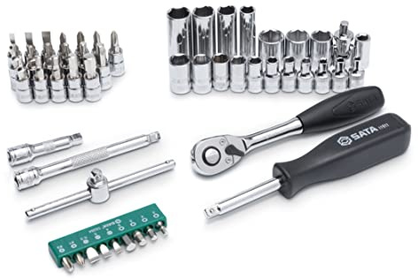SATA ST09002SJ Steckschlüsselsatz 1/4 Zoll 6 Punkt metrisch Steckschlüsselsatz mit Schnellspannratsche und 3-Wege-Adapter, poliert, im Aufbewahrungskoffer