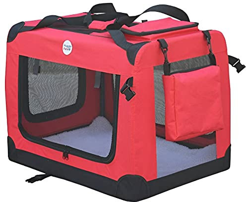 HugglePets Foldable Fabric Pet Crate Carrier - Red (Medium 60 x 42cm) Lightweight & Ventilated Double Door Carrier for Dogs & Cats with Sheepskin Mat. Ideal for Home & Travel.