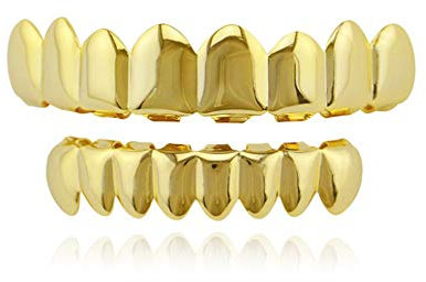Gold überzogene Zähne Hip Hop Rapper Bling Zähne Golden Nugget Grillz Top und Bottom Grill Set Gold überzogene Hip Hop Zähne Set,Glossy Teeth Grills Oben Unten für die Halloween-Dekoration verwendet
