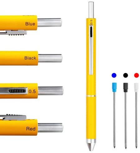 HeTaoCat 4 in 1 Multicolor pen, Metal Cased Multifunction Pen, 0.5mm Mechanical Pencil, Red, Blue and Black (Yellow)