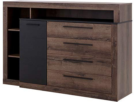 Furniture24 Komode Bellevue, Sideboard, 4 Schubkästen, 1 Tür, Schlammeiche, Schwarzeiche, Schlafzimmer, Schubladenkommode