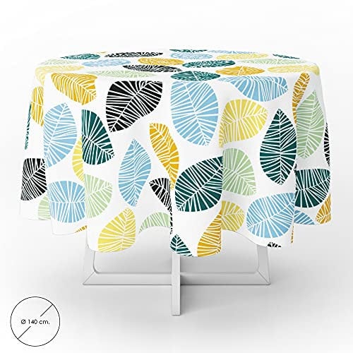 ORYX Mantel Hule Redondo Hojas Colores Impermeable Antimanchas PVC Ø 140 cm. Uso Interior y Exterior