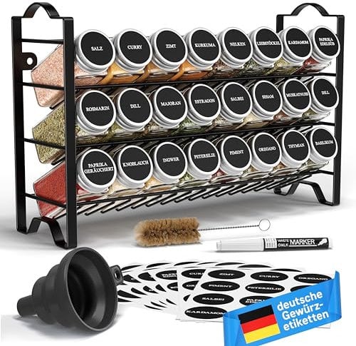 Deco haus® Étagère à Épices & Bocaux - Rangement et Organisation de Cuisine & Maison - Métal, 3 Niveaux - 24 Pots 48 Étiquettes 1 Brosse 1 Entonnoir & Crochets - Autoportante/Murale - Noire