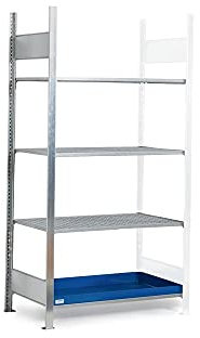 Regal für Gefahrstoffe, 1012 mm x 2000 mm x 637 mm, silber/blau, zur Lagerung von Kleingebinde, 4 Ebenen, mit Auffangwanne aus Stahl und 3 Gitterroste