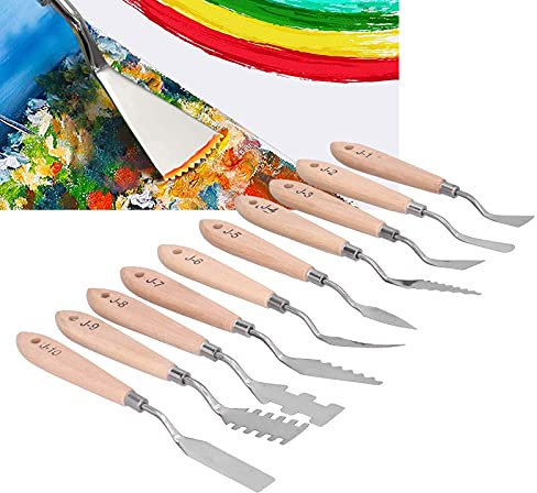 Seacanl 10 pièces Couteaux à Peindre, Palette spatule Accessoires de Peinture poignée en Bois poignée en Acier Inoxydable Ensemble de Palette pour Toile à l'huile, Peinture Acrylique