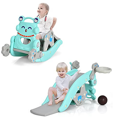 GOPLUS 4 in 1 Schaukeltier aus Kunststoff, Schaukelpferd & Kinderrusche & Basketballkorb & Wurfspiel, inkl. 1 Ball & 4 Ringe, für 3+ Jahren, Schaukelspielzeug mit abnehmbarem Hocker (Grün)