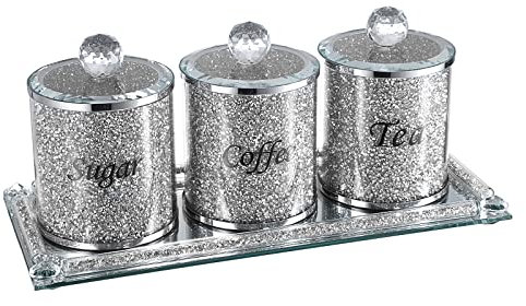 JUXYES Set of 4 Sparky Glass Crushed Diamonds Canisters Set for Sugar Coffee Tea Features Tray, Luxurious Storage Containers Sets with Lids Decorative Storage Pots for Kitchen Counter Dining Room