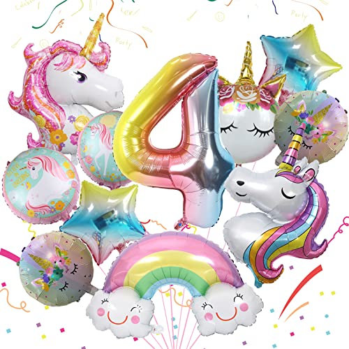 Luftballon Einhorn für Mädchen 4. Geburtstag Dekoration Folie Runde Einhorn Luftballon Regenbogen Sterne und Zahl 4 Folienballon für Geburtstagsdeko Mädchen 4 Jahr Einhorn Thema Partydekorationen