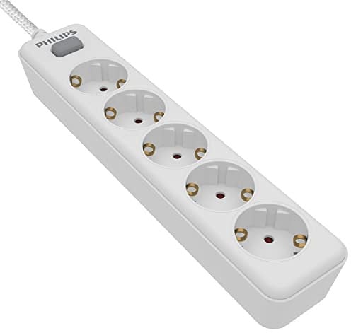 Philips SPN1152WA/10 - Regleta de 5 Enchufes Schuko, Interruptor Encendido/Apagado, Cable de Alimentación Trenzado 1,5 Metros (Alta Resistencia) - Color Blanco