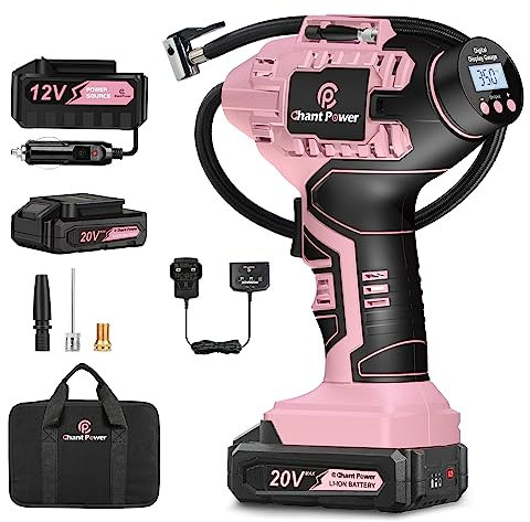 C P CHANTPOWER Tyre Inflator Air Compressor, 20V Cordless Car Tyre Pump with Rechargeable Li-ion Battery, 12V Car Power Adapter, Digital Pressure Gauge Pink