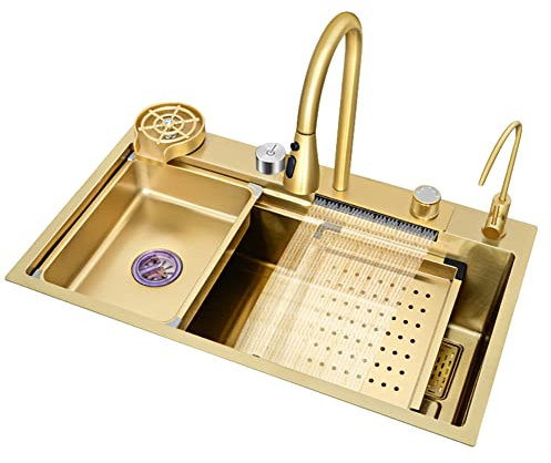 Fregadero de Cocina,Fregadero de Cascada,Fregadero de lluvia volador,Juego de Fregadero Doméstico de Acero Inoxidable 304,Fregadero Integrado con Grifo Extraíble,Oro (68×45×21cm)
