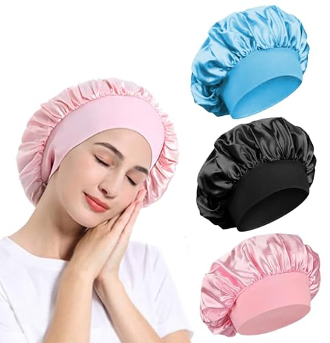 Satin Bonnet, Night Sleep Caps with Wide Elastic Band, Silk Wrap, Soft Head Cover Sleeping Hat for Women and Girls Curly Hair