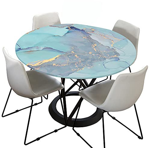 Morbuy Rund Tischdecke Elastisch, Lotuseffekt Tischdecke Abwaschbar Tischdecken Marmor Drucken Gartentischdecke Indoor Outdoor Tischtuch (Durchmesser 110cm,Blaugrün)