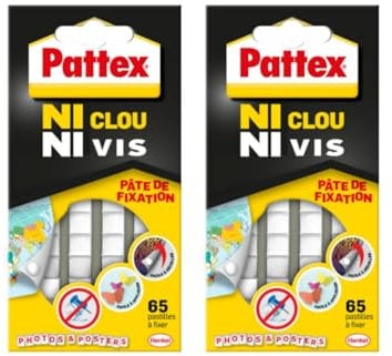 Pattex Ni Clou Ni Vis pâte de fixation, pastilles adhésives repositionnables blanches faciles à enlever, pâte collante pré-découpée pour papier, poster, décoration légère - 65 pastilles, Lot de 2