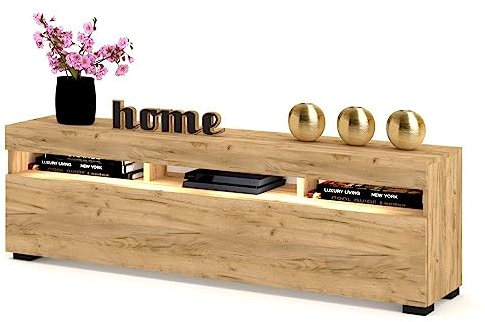 Euro Style TV-Schrank mit LED Stand Tv-Lowboard für Wohnzimmer Schlafzimmer Fernsehschrank Fernsehtisch Sideboard HiFi-Schrank Kommode 60 Zoll, Golden Eiche/Golden Eiche, 140cm