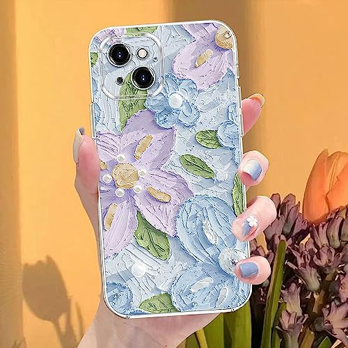 EYZUTAK Case for iPhone 11, Colorful Oil Painting Flowers Leaves Pattern Cute Exquisite Floral Blossom Phone Cover Stylish Durable Soft TPU Shockproof Protective Bumper Case for Girls Women - Blue