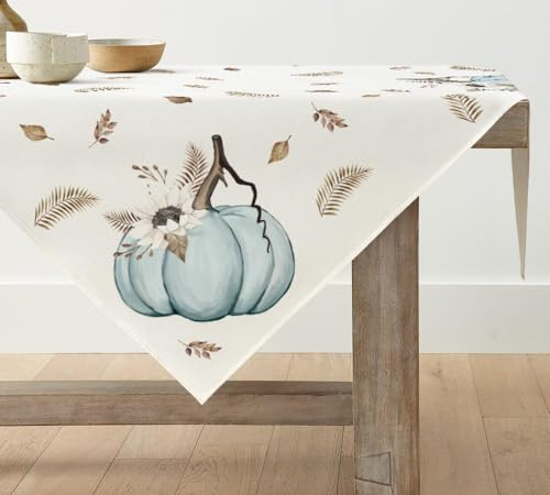 Artoid Mode Streifen Blau Kürbisse Blätter Herbst 85x85 cm Tischdecke | Saisonal Fall Tischwäsche Küche Tisch Dekoration Drinnen Urlaub Party Dekor