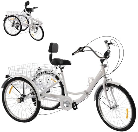 24 Zoll Dreirad für Erwachsene Dreirad Fahrrad mit Korb, 3-Rad Fahrrad Kohlenstoffstahl für Erwachsene Dreirad 3-Rad Dreirad V-Vorderradbremse, 7 Geschwindigkeit Faltdreirad für den Einkauf im Freien