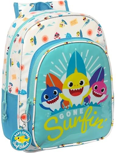 BABY SHARK SURFING Animierter Schulrucksack, Kinderrucksack, Kinderrucksack, anpassbar an den Kinderwagen, ideal für Schulkinder, bequem und vielseitig, 26 x 11 x 34 cm, Blau und Weiß, blau/weiß,