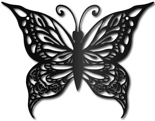 CREATCABIN Schmetterling Metall Wandkunst Dekor Blumen Schwarz Wandschilder Eisen Hängende Metallverzierung Wandskulptur Geschenk Für Zuhause Balkon Garten Wohnzimmer Dekoration Weihnachten 30x23cm