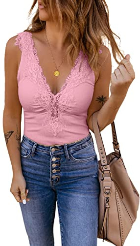 GeGekoko Haut sexy en dentelle pour femme - Col en V - Élégant - Sans manches