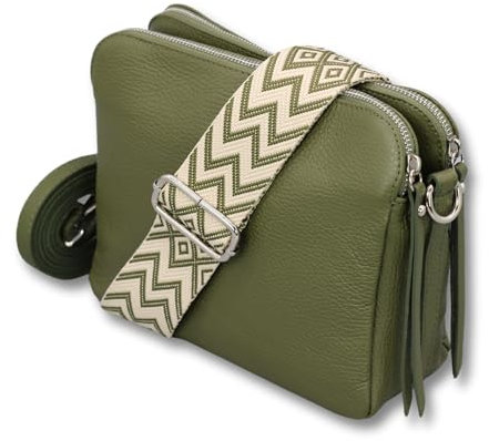 ADEL Umhängetasche Damen Echtes Leder MARA Handgemachte Crossbody Bag 5 Fächer Schultertasche mit Ledergurt + Breitem Gemustertem Riemen Verstellbarer Gurt Made in Italy (Khaki)