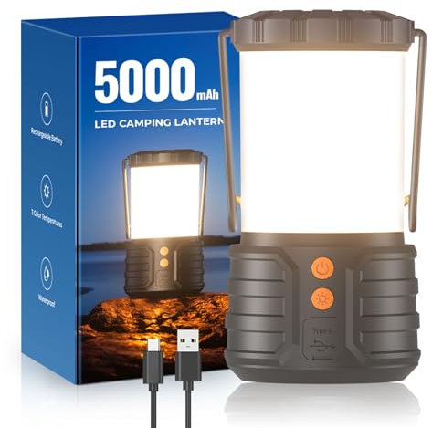 Lanterna da Campeggio, Luci di Emergenza con Batteria ricaricabile da 5000mAh per black-out, 3 Colori, Torcia Portatile impermeabile IPX4 per tende da Campeggio, 1 Pezzo