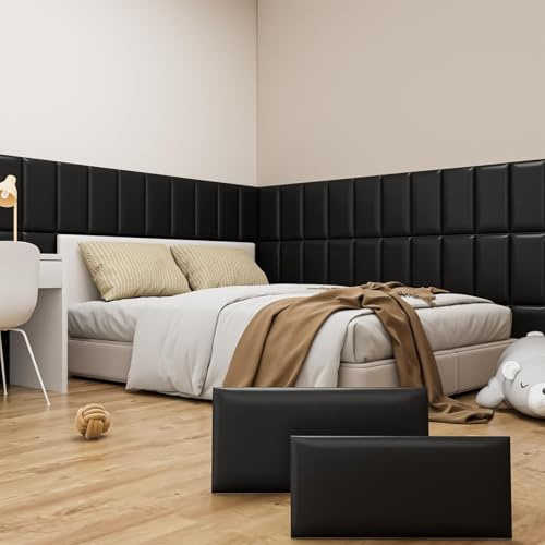 Greymond Peel and Stick Headboard Black Upholstered Wall Panels, 4 Panels Sized 7.8 x 15.7, 3D Anti-Collision Soundproof Self-Adhesive Wall Panel for Bedroom