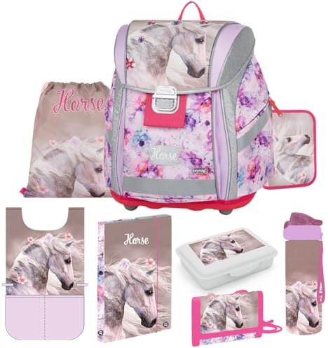 OXY BAG Schulranzen 8tlg. Premium mit Pferd-Motiv | Ergonomische Schulrucksack Set, Sportbeutel, Federmappe, Kunstponcho, Trinkflasche, Snackbox & mehr | Ideal für 1. - 3. Klasse (Schulstart)