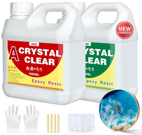 NIUB Epoxidharz, 2000ml Glasklar Epoxidharz mit Härter, Harz und Härter Set für kristallklares, sicheres und ungiftiges Kunstharz-Set, keine Blasen und einfach für Anfänger, tiefes Gießen Epoxidharz