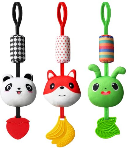 Aolso Kinderwagen Spielzeug, 3Pcs hängendes Rasselspielzeug, Spielzeug mit Farbkontrast, Baby-Hängespielzeug, Neugeborenes Autositz-Spielzeug für Jungen und Mädchen (Panda/Fuchs/Grünwurm)