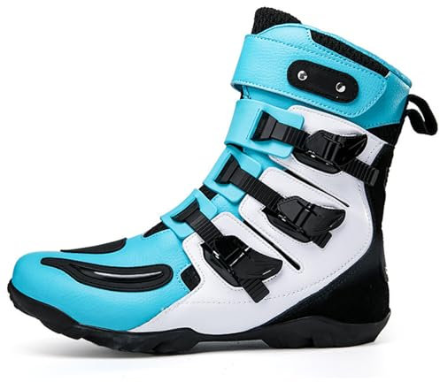 DJFOG Stivali da moto alti per unisex, stivali protettivi impermeabili in pelle microfibra da cross, comodi stivali da motocross traspiranti,Blu,47